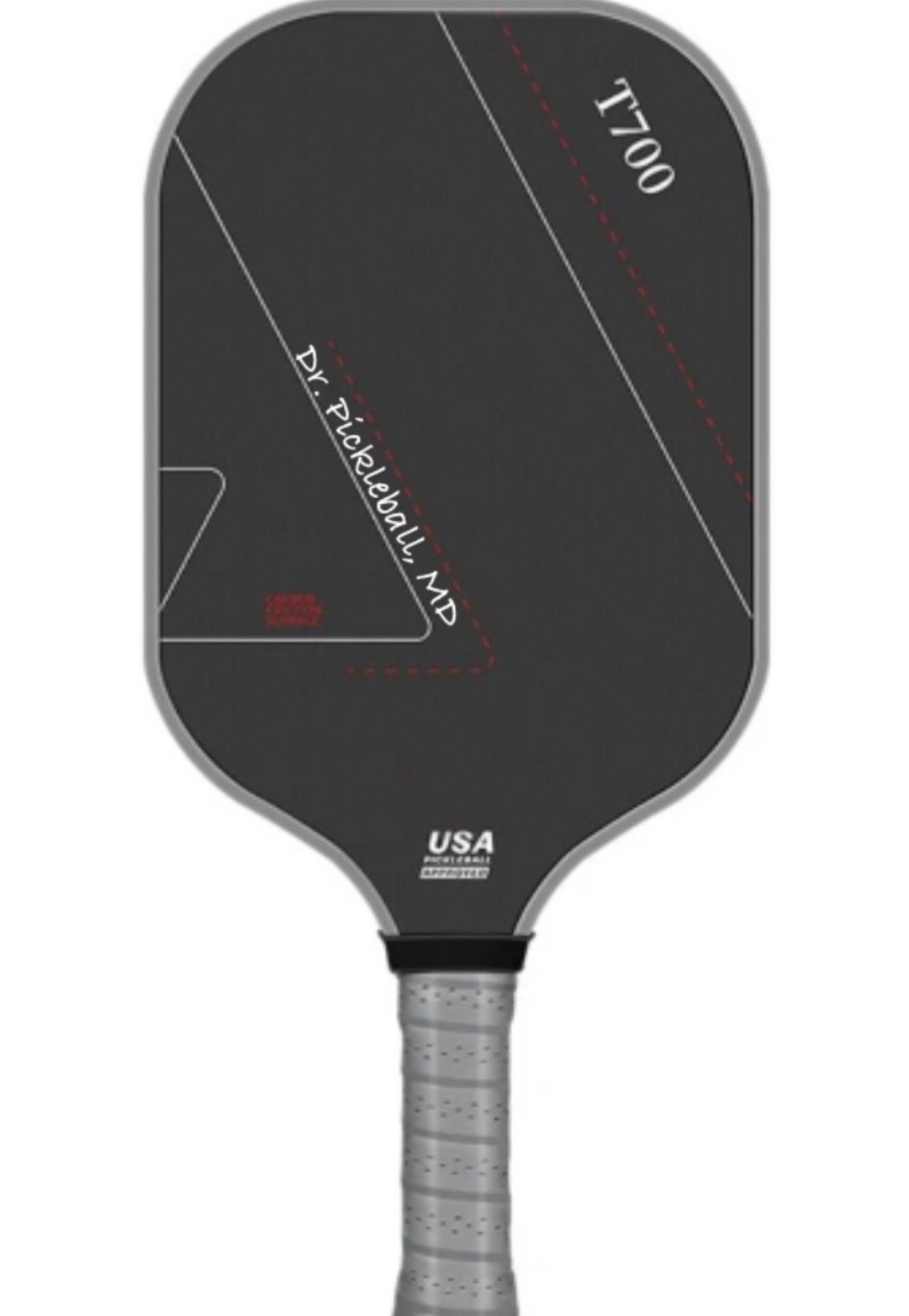 Black pickleball paddle with USA Pickleball approval logo and T700 marking.