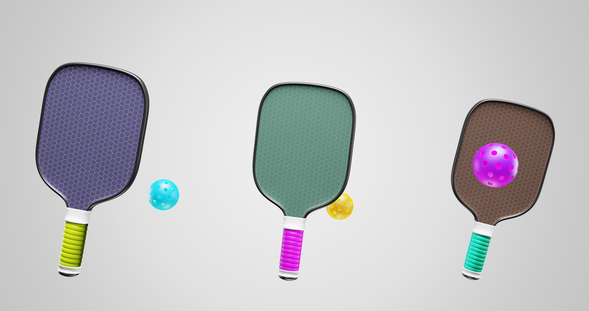 Pickle ball three paddle rackets with plastic balls on a gray background. 3D rendering